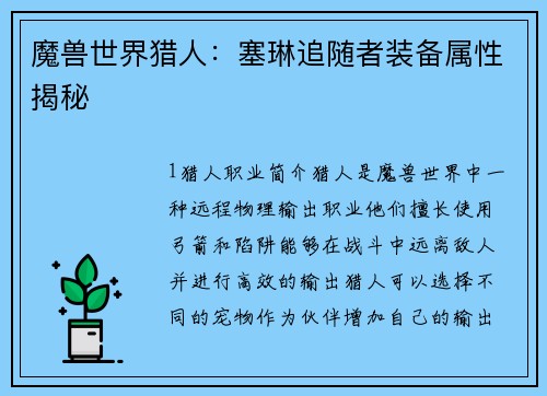 魔兽世界猎人：塞琳追随者装备属性揭秘